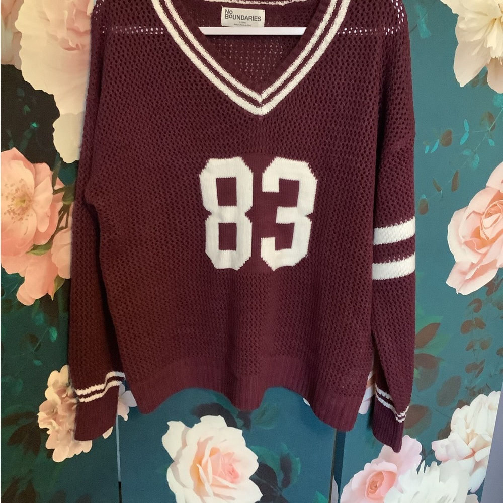 No Boundaries Burgundy‎ V-Neck Sweater with Varsity Accents